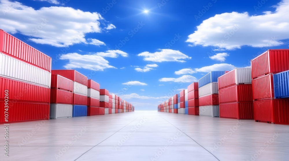 Poster long row of red and white shipping containers neatly stacked together, demonstrating efficient cargo
