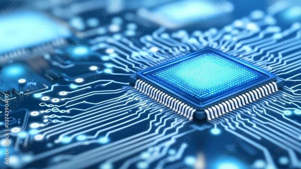 Poster closeup of a blue circuit board on another circuit, showcasing intricate electronic connections and 