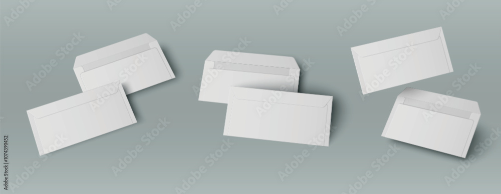Poster empty white open and closed envelopes in different angles. three pairs of blank paper letter package