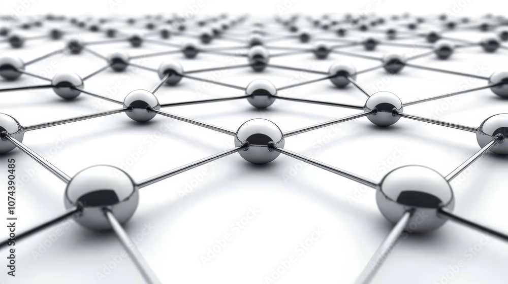 Poster network of spheres, central sphere symbolizing connection, system, and structure in a complex web