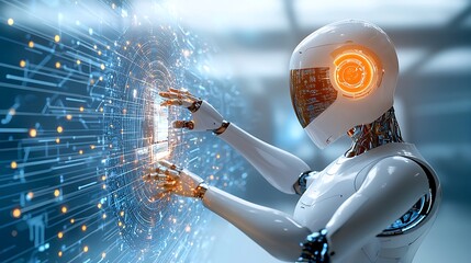 A captivating and immersive illustration depicting a fantasy cyberspace backdrop, featuring a virtual machine and robot engaged in data processing and communication