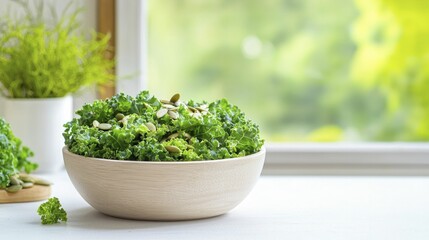 Nutrient-rich superfood salad with kale and seeds, lively kitchen setting, refreshing ambiance, organic textures throughout.