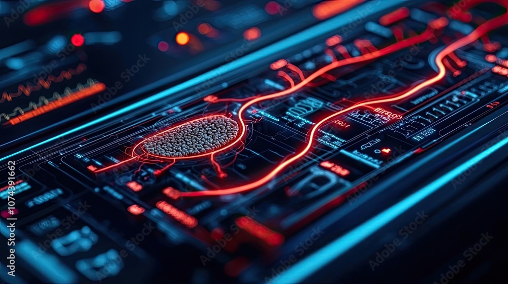 Poster futuristic circuit board with glowing lines and digital elements on a black background