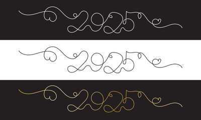 2025 continuous line art border.  New Year banner.   isolated on white and black background. vector illustration. EPS 10