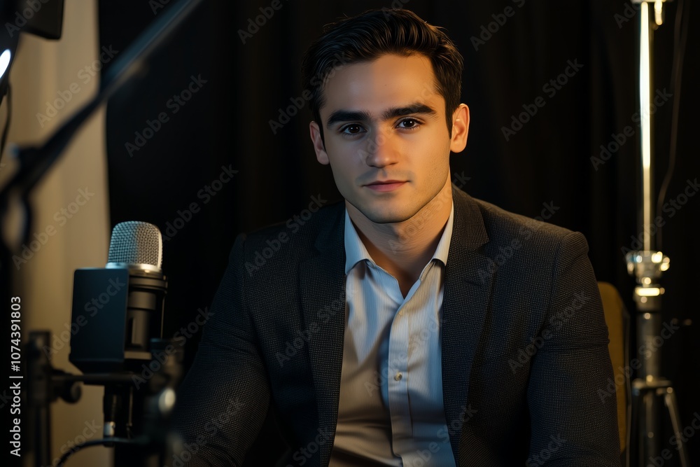Poster young podcaster conducting a live recording session with high-end microphone in cozy studio setup