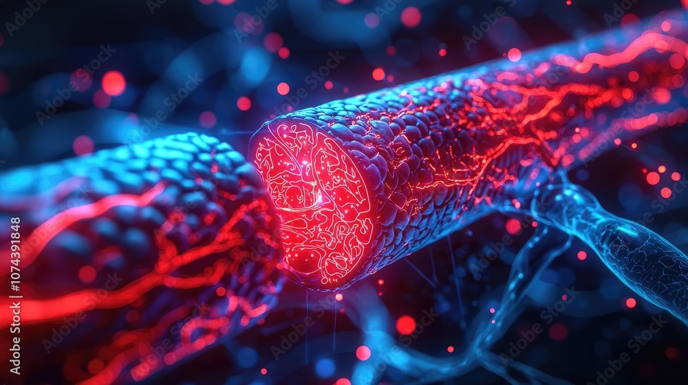 Poster microscopic view of a neuron with glowing neural pathways on a dark background.