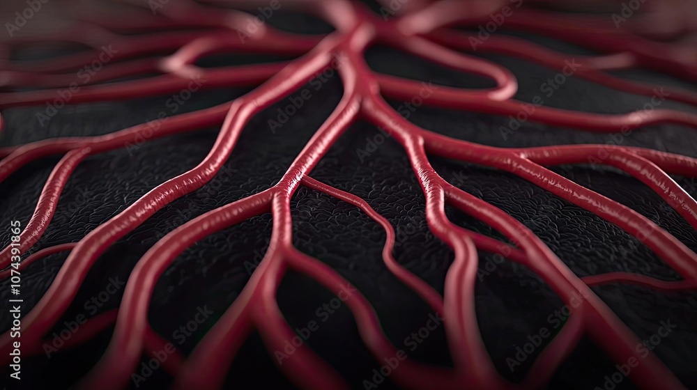 Poster intricate red structures on a dark background displaying biological pathways.