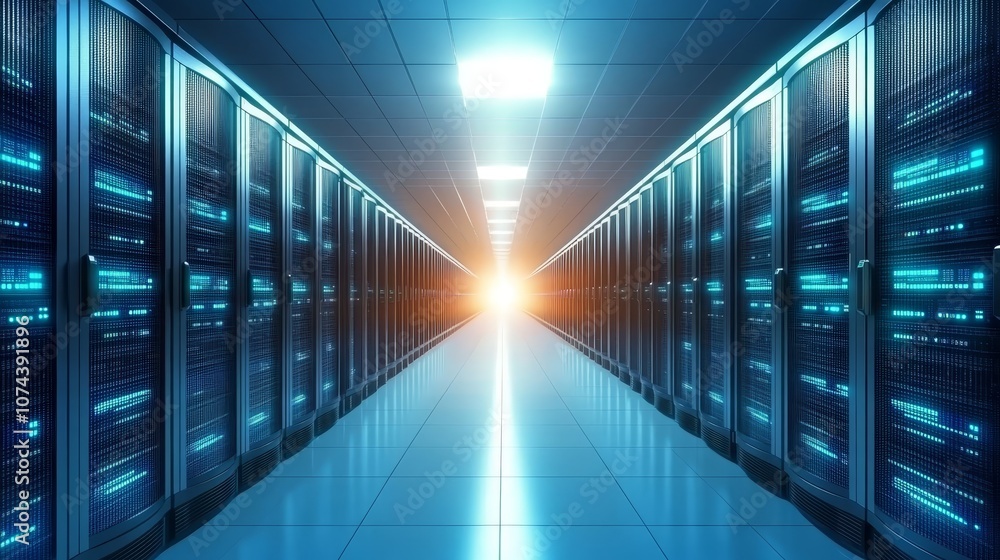 Poster powerful server room infrastructure, exploring data storage, processing, and network connectivity in