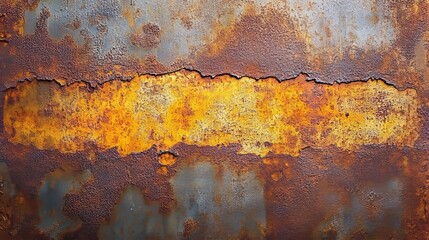 Fototapeta premium Close-up of oxidized metal surface, deep rust lines, faded yellow patches blending into rough and smooth areas, gritty industrial textures, weathered feel