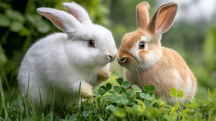 A fluffy white rabbit hops gracefully through the vibrant green meadow, its long ears perked up and twitching with curiosity as it searches for fresh clover to nibble on.
