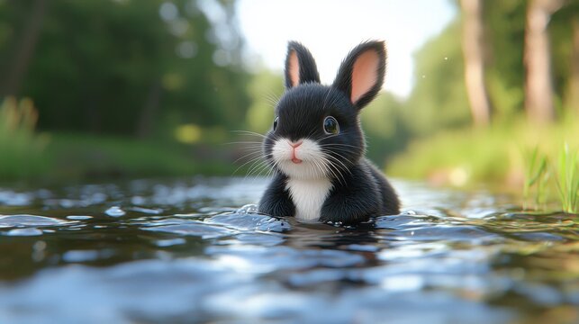 Adorable Black and White Bunny Rabbit in a Creek