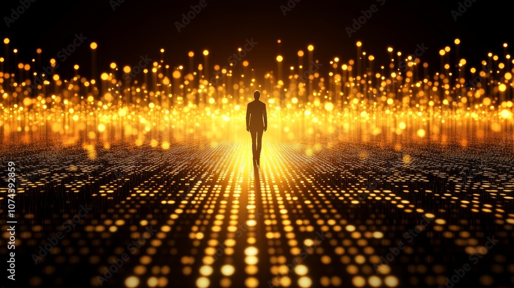 Poster a man mesmerized by an expansive and radiant array of glowing lights, creating captivating spectacle