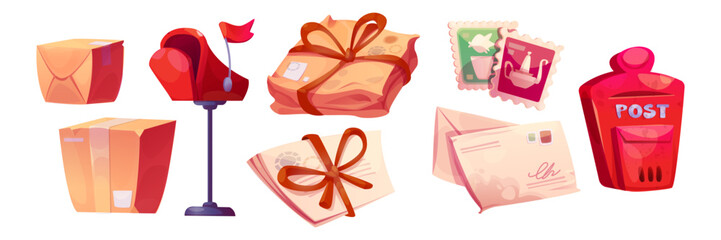Mailbox, letter and stamp. Red post illustration. Retro letterbox and envelope with ribbon bow for delivery. Cute paper message postcard with office news. Vintage box package to send template set