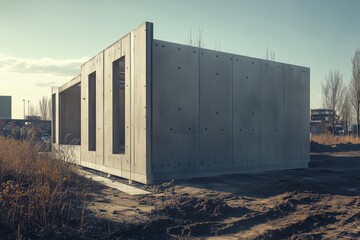 Side perspective of an industrial building made from precast reinforced concrete highlighting the construction method where components are assembled in a factory setting jpeg