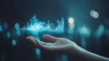 Hand navigating futuristic digital interface, holographic icons and data visualization in immersive technology experience