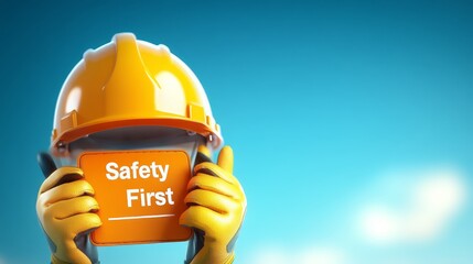 Construction worker holds "safety first" sign, prioritizing workplace hazard awareness and precautionary measures