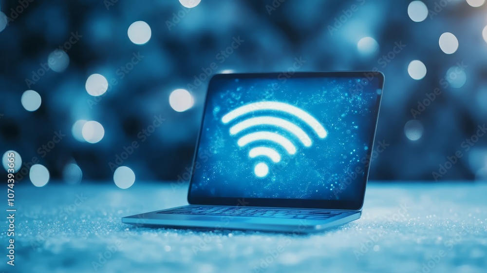 Poster laptop displaying repetitive 'wifi' pattern, exploring digital communication and wireless technology