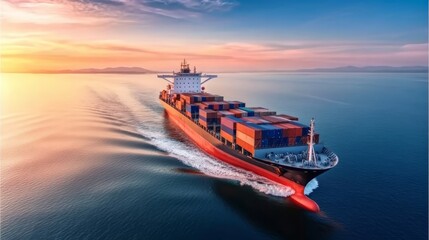 Fototapeta premium Tranquil sunset ocean journey, container ship sailing across the serene sea at twilight
