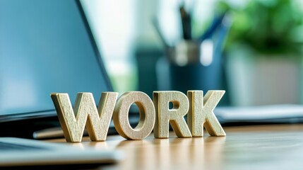 Wooden block with the word 'work', concepts of business, career, motivation, and workplace decor