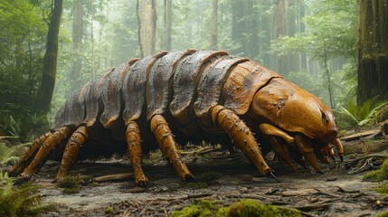 A arthropod crawls in the moist forest, large and long, with a thick, multi-segmented shell, looking like an animal from the prehistoric era.