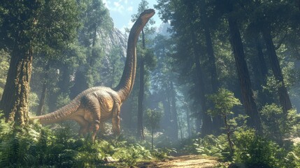 A Brachiosaurus eats leaves from tall trees. It has a large body and a long neck, clearly visible...