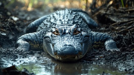 Obraz premium A crocodile rests on the river bank, lying still alone in the mud by the river, looking majestic and mysterious.