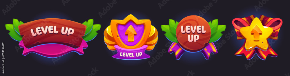 Poster bright game ui badges with level up text on colorful ribbons. cartoon vector wooden banner, shield e
