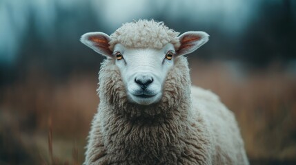 Fototapeta premium A fluffy sheep, standing or grazing on a green farm, with thick, soft fur indicating warmth.