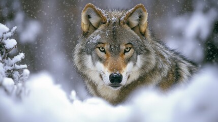 A gray wolf staring at the camera with sharp eyes in a forest full of fog and snow, clear fur details