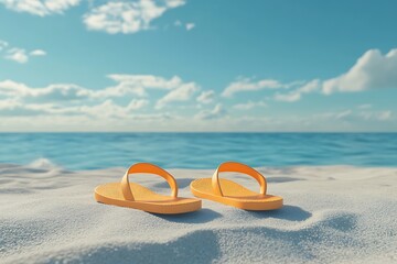 Orange flip-flop on the beach with wave
