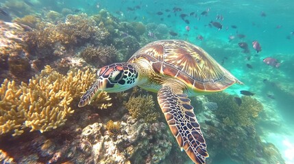 Naklejka premium A green sea turtle swims in the coral reef among colorful corals and small fish.