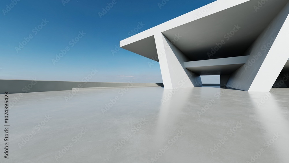 Aufkleber 3d render of abstract modern concrete white architecture with empty cement floor, minimal exterior, car presentation background
