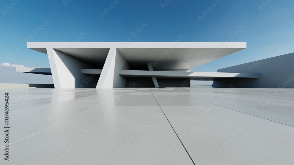 Leinwandbilder 3d render of abstract modern concrete white architecture with empty cement floor, minimal exterior, car presentation background