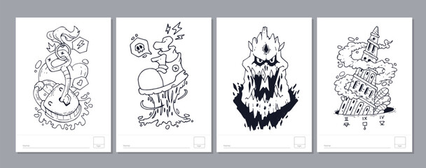 Doodle coloring page for children and adults. Black and white vector characters. Vector doodle illustration