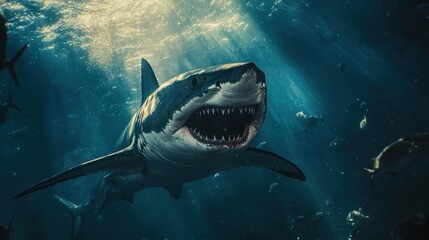 Fototapeta premium A Megalodon shark in the deep sea Large and sharp-toothed, swimming in the deep sea, among small prehistoric fish.