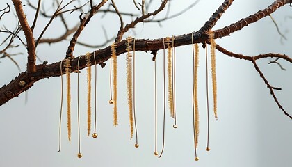 Elegant gold jewelry hanging from bare tree branch, showcasing unique designs