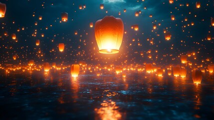 A bright lantern soaring upward amidst a sea of unlit lanterns, illuminating the deep night, its glow spreading far into the surrounding darkness