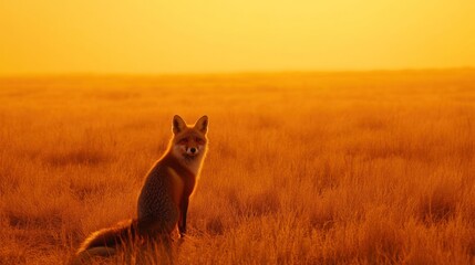 Obraz premium A red fox in a wide grassland, standing alone in a golden grassland, with an orange evening sky as a background.