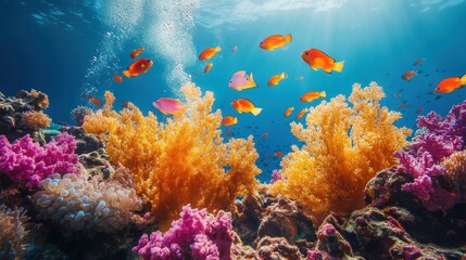 Obraz premium A school of Nemo fish in a beautiful coral reef, swimming around beautiful corals and colorful aquatic plants.