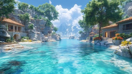 Obraz premium Serene coastal landscape with crystal-clear water and lush greenery.