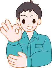 作業服を着たOKする笑顔のデフォルメ男性のイラスト