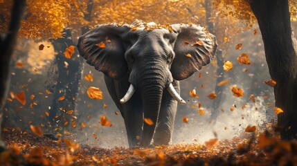 Asian elephant walking in a forest with fallen leaves all over the ground, clear fur details on ears and tusks