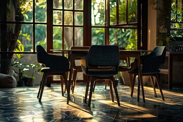 Four chairs and a table by a window.
