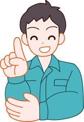 作業服を着た笑顔で指をさすデフォルメ男性のイラスト