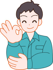 作業服を着た笑顔でOKする笑顔のデフォルメ男性のイラスト