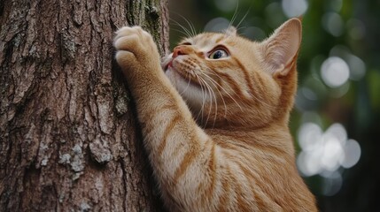 Cat scratching a tree, stretching and scratching the bark of a tree, showing claw care and marking behavior