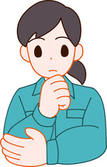 作業服を着た考えるデフォルメ女性のイラスト
