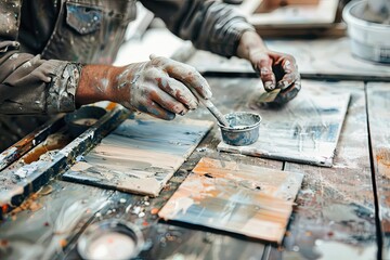 An artist mixes paint on a wooden table.