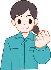 作業服を着たガッツポーズする笑顔のデフォルメ女性のイラスト