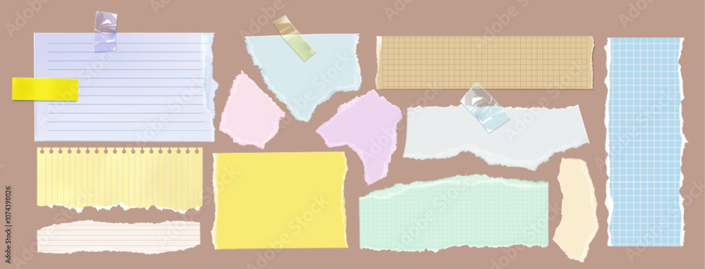 Poster collection of torn paper pieces with different patterns: lined, dotted, gridded and blank sheets in 